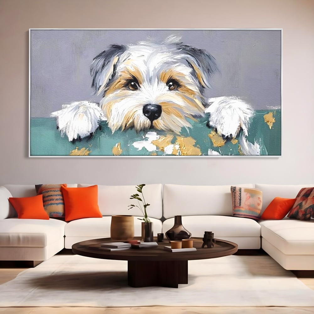 Tablou canvas cu pictura cu catel yorkshire privind curios, in rama de aluminiu argintiu, pe perete intr-un living